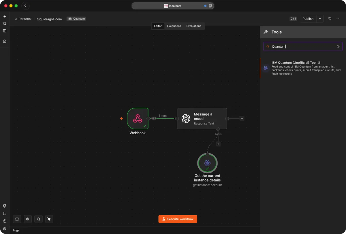 The IBM Quantum Tool attached to an OpenAI node, both showing a successful run