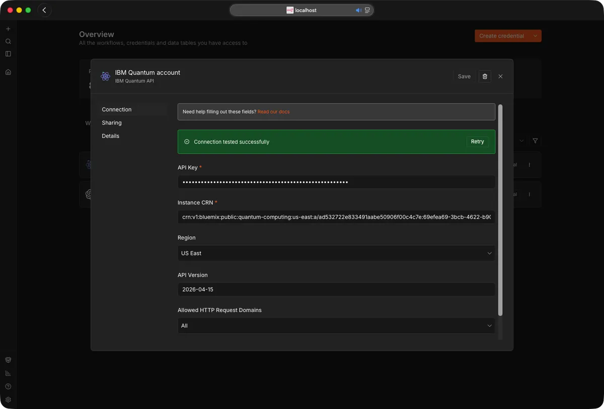 The IBM Quantum API credential in n8n reporting a successful connection test