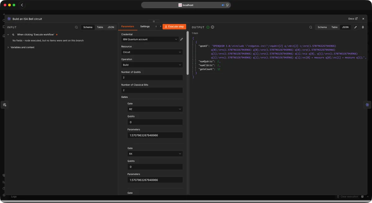 The Build operation with its gate list, and the generated OpenQASM 3 in the output panel